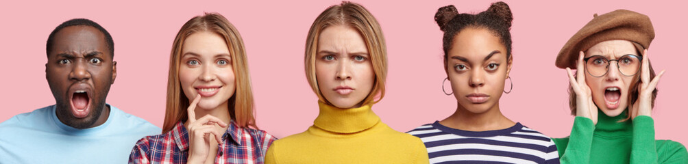 Annoyed dark skinned male, cheerful beautiful woman, puzzled African American female and frustrated girl in rounded spectacles, isolated over pink background. Group of emotional people pose indoor