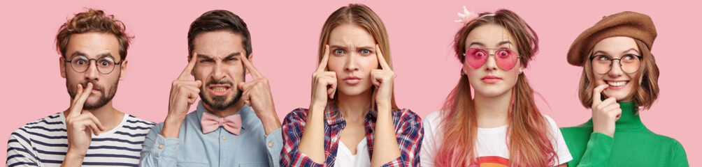 Horizontal collage photo of five people with different facial expressions: frustrated handsome male...