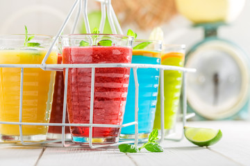 Sweet cocktail with fruity yogurt in white basket