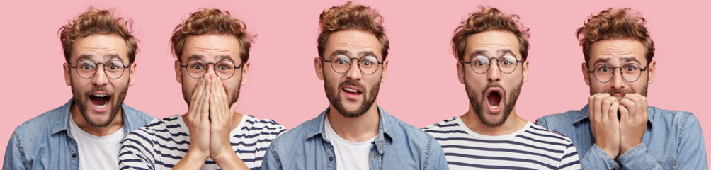 Horizontal collage photo of handsome bearded male in round spectacles expresses surprisment,...
