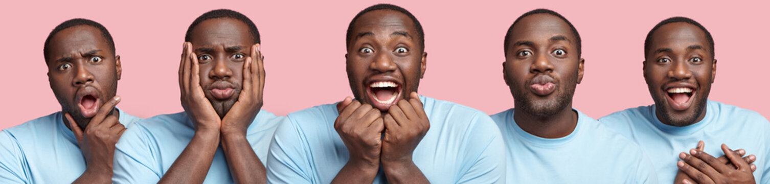 Composite of dark skinned plump male poses indoor against pink background, expresses various emotion. Collage photo of young African American man expresses hapiness, bewilderment and surprisment