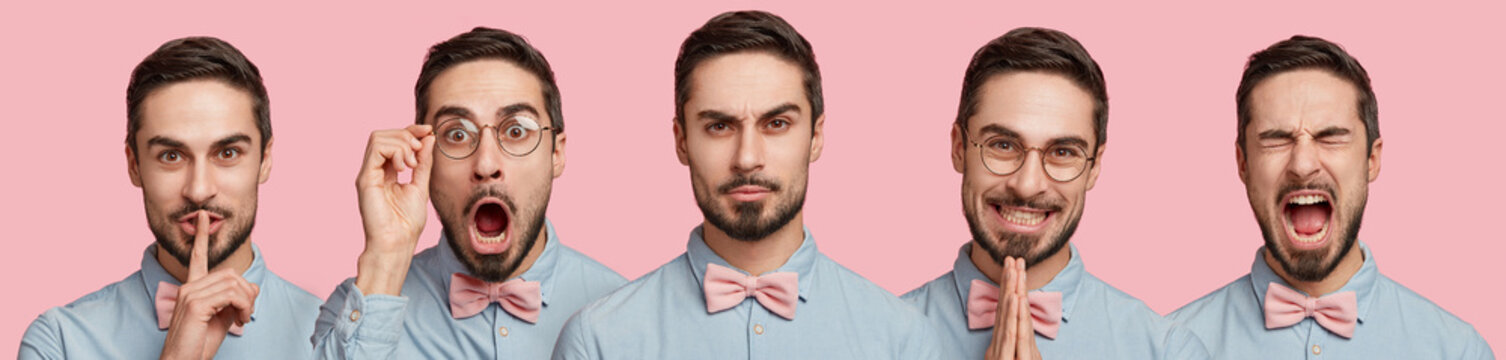 Set of handsome bearded young male in formal clothing isolated over pink studio background, demonstartes hush sign, being surprised, serious and annoyed, pleads about something with happy look