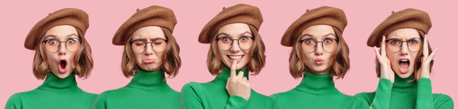 Set of beautiful woman`s portraits with different emotions and facial expressions. Attractive young female student in beret, green sweater and round eyewear changes her mood during photo session