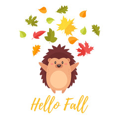 hedgehog tossing autumn colorful leaves
