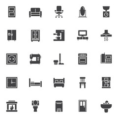 Home furniture vector icons set, modern solid symbol collection, filled style pictogram pack. Signs, logo illustration. Set includes icons as door, sofa household furniture, office chair, fridge