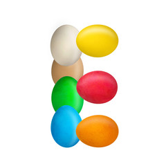 The letter E of the English alphabet is made up of colorful eggs. Isolated. White background. Education