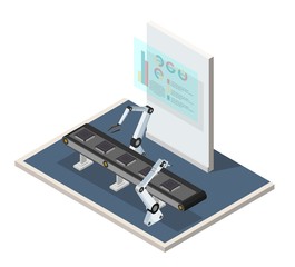 Isometric low poly digital factory assembly processors with augmented reality illustration