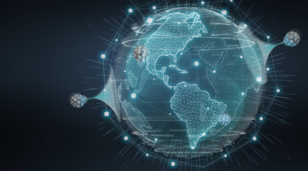 Globe network hologram with digital connection 3D rendering