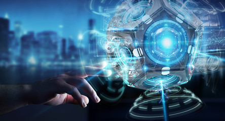 Businessman using futuristic drone security camera 3D rendering