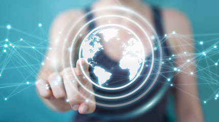 Businesswoman using planet earth network sphere 3D rendering