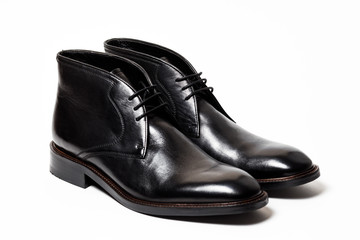 Black leather male shoes, white background