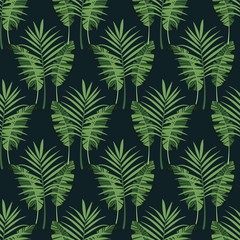Seamless pattern with tropical leaves. Background for banner, cards. Printing on fabric and paper. Vector illustration.