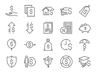 Loan and interest icon set. Included the icons as fees, personal income, house mortgage loan, car leasing, flat rate interest, installment, expense, financial ratio and more