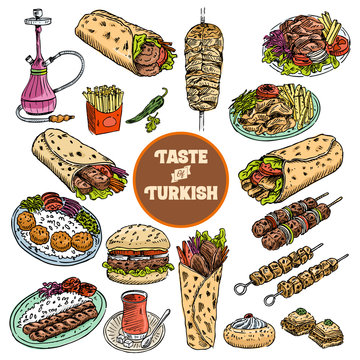 Hand drawn Turkish food, Vector Illustration
