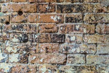 Vintage red brick wall texture. Background of an old weathered wall.