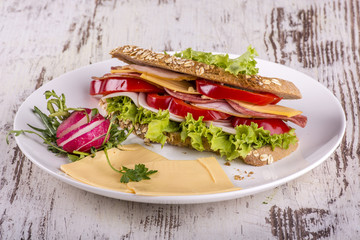 Sandwich with ham, cheese, green salad and radish