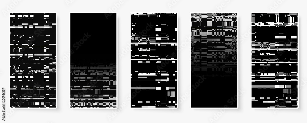 Poster glitch backgrounds set. mobile device screen error. digital pixel noise abstract design. device sign