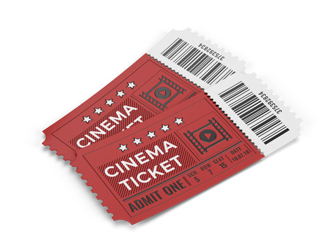 Two cinema tickets isolated on white background. 3d rendering