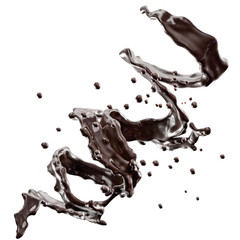 Melted liquid dark chocolate or chocolate sauce swirl 3D splashes isolated on white background. Hot melt milk chocolate syrup cream mass. Liquid cocoa or chocolate whirl splash template design element