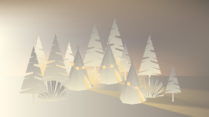 Obraz premium White paper tents and tree decorated with glowing Christmas lights