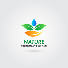 Logo Nature Leaf Hand Water Drop Concept Template