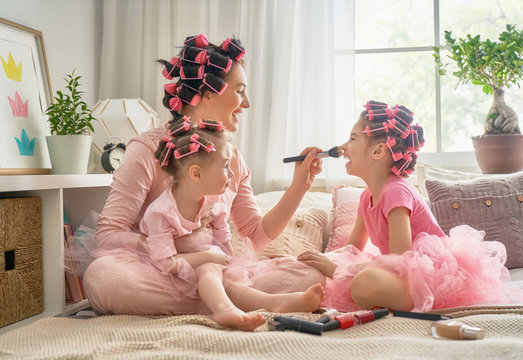 Mom and children doing makeup