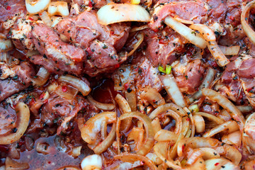 Raw meat for barbecue, marinated and ready to roast