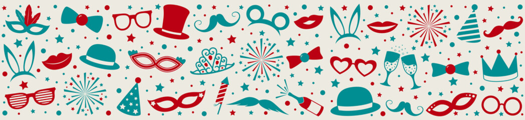 Party banner with funny elements - panoramic header. Vector.