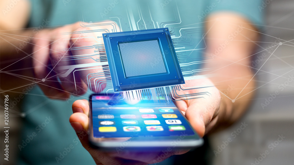 Poster businessman using a smartphone with a processor chip and network connection - 3d render