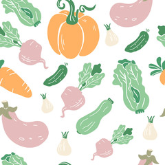 Seamless pattern with hand drawn colorful doodle vegetables. Sketch style vector collection. Vegetables flat icons set: pumpkin, aubergine, beetroot, carrot, zucchini, salad, cucumber