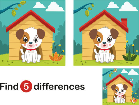 Find 5 differences education game for children, dog in the nature.(Vector illustration)
