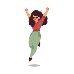 Hand drawn plump obese girl dancing in fancy heart shape sunglasses. Cartoon style cute female character in casual clothing jumping putting hands up. Vector adult brunette overweight woman having fun