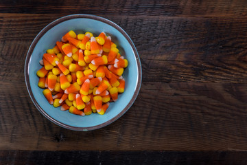 Blue Bowl of Candy Corn with Copy Space