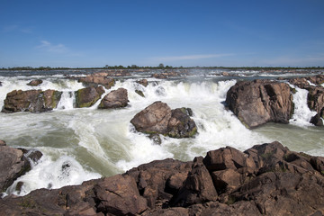 Preah Rumkel Cambodia, Preah Nimith waterfall and rapids on the Mekong river along the Cambodian Lao border in dry season