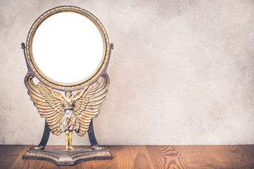Old antique vintage cast iron desk makeup mirror frame blank holds on the stand in the form of...