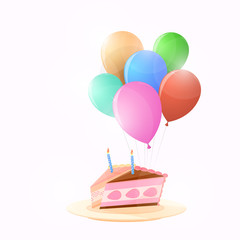 Two pieces of a festive cake with candles on a plate and balloons behind.