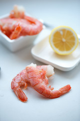 row tiger shrimp with lemon on white