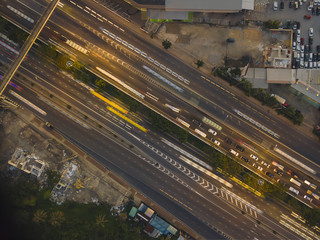 The streets around the city with evening light are high top view image.