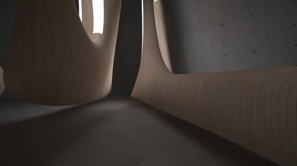 Empty dark abstract concrete and wood room smooth interior. Architectural background. Night view of the illuminated. 3D illustration and rendering