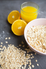 Healthy breakfast on dark stone background