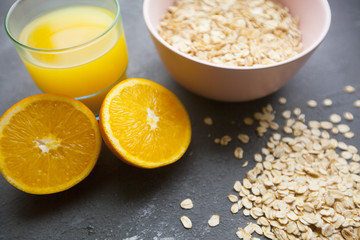 Healthy breakfast on dark stone background