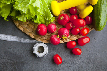 Healthy breakfast on dark stone background