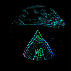 Illustration of a boat with the feet of a traveler. Mountains and clouds on the horizon.