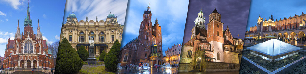Obraz premium Collage of Krakow top sightseeing: St Mary's Basilica (Mariacki Church) , Wawel castle and cathedral, Cloth Hall in old town square , Juliusza Slowacki Theater , Church Joseph (Parish of St. Joseph)