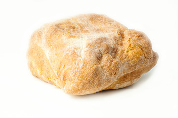 Fresh baked ciabatta italian bread close-up isolated on white background