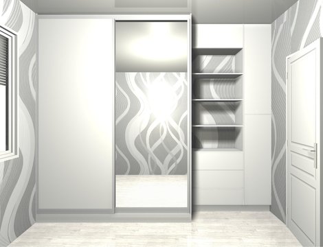 3D rendering illustration interior design, wardrobe with mirrored sliding doors