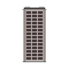 City high-rise building front view in flat style isolated on white background. Modern apartment or office building exterior with windows for real estate and property concept. Vector illustration.