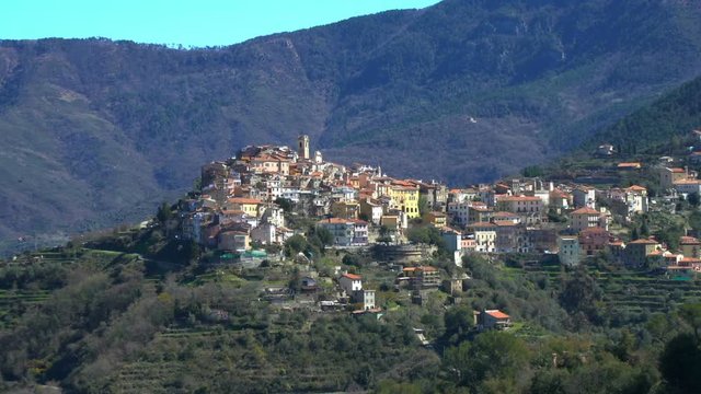 The ancient town of Perinaldo high in the mountains of Liguria in Western Italy