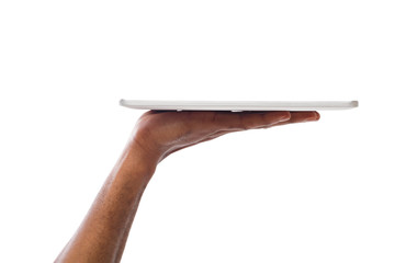 Black man holding digital tablet isolated on white background