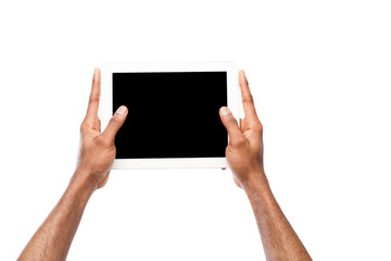 Black man holding digital tablet isolated on white background